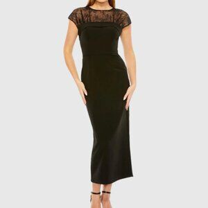 Ieena for Mac Duggal 49799 Black Sheer Lace Illusion Crepe Midi Dress Size 8